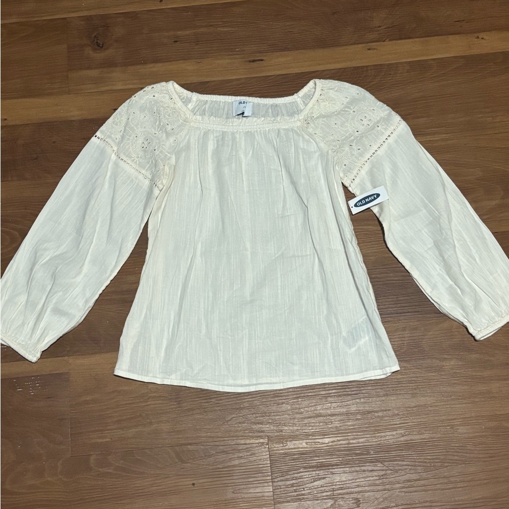 Old Navy Cream Relaxed Blouse with Smocked Neckline